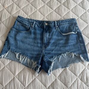 Good American High Waisted Denim Distressed Shorts size 14/32